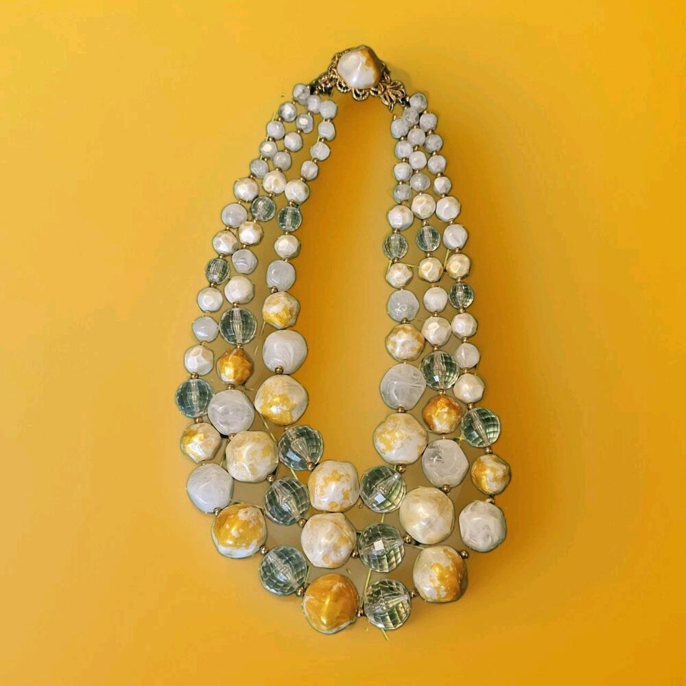 Vtg 1960s 3 Strand Statement Necklace Yellow Orange Marbled Lucite Plastic Beads